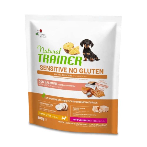 CROCCHETTE CANE SENSITIVE NO GLUTEN MINI PUPPY&JUNIOR CON SALMONE 800 GR - NATURAL TRAINER