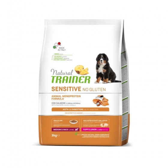 CROCCHETTE CANE SENSITIVE NO GLUTEN PUPPY&JUNIOR MEDIUM&MAXI CON SALMONE 3 KG - NATURAL TRAINER