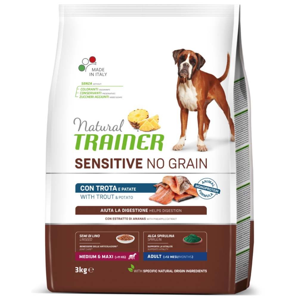 CROCCHETTE CANE SENSITIVE NO GRAIN MEDIUM&MAXI ADULT CON TROTA E PATATE 3 KG - NATURAL TRAINER