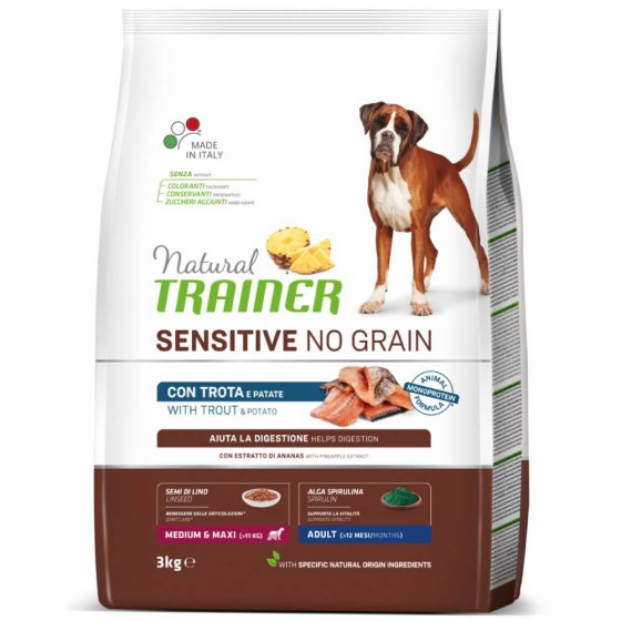 CROCCHETTE CANE SENSITIVE NO GRAIN MEDIUM&MAXI ADULT CON TROTA E PATATE 3 KG - NATURAL TRAINER