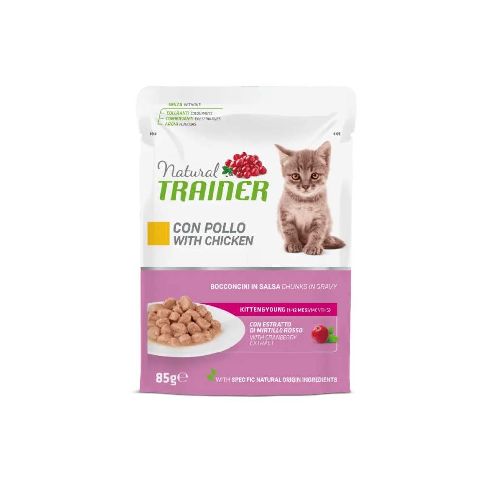 BOCCONCINI IN SALSA GATTO KITTEN&YOUNG CON POLLO 85 GR - NATURAL TRAINER