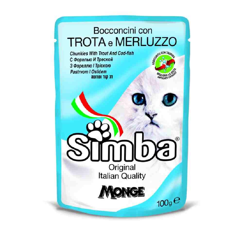 BOCCONCINI GATTO SIMBA ADULT CON TROTA E MERLUZZO 100 GR - MONGE