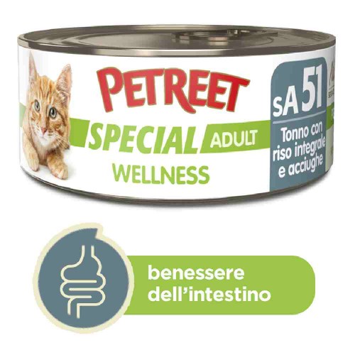 ALIMENTO UMIDO LINEA WELLNESS PER GATTO ADULTO CON RISO INTEGRALE E ACCIUGHE 70 GR - PETREET