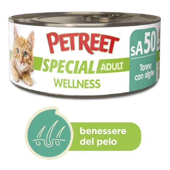 ALIMENTO UMIDO LINEA WELLNESS PER GATTO ADULTO CON TONNO E ALGHE 70 GR - PETREET