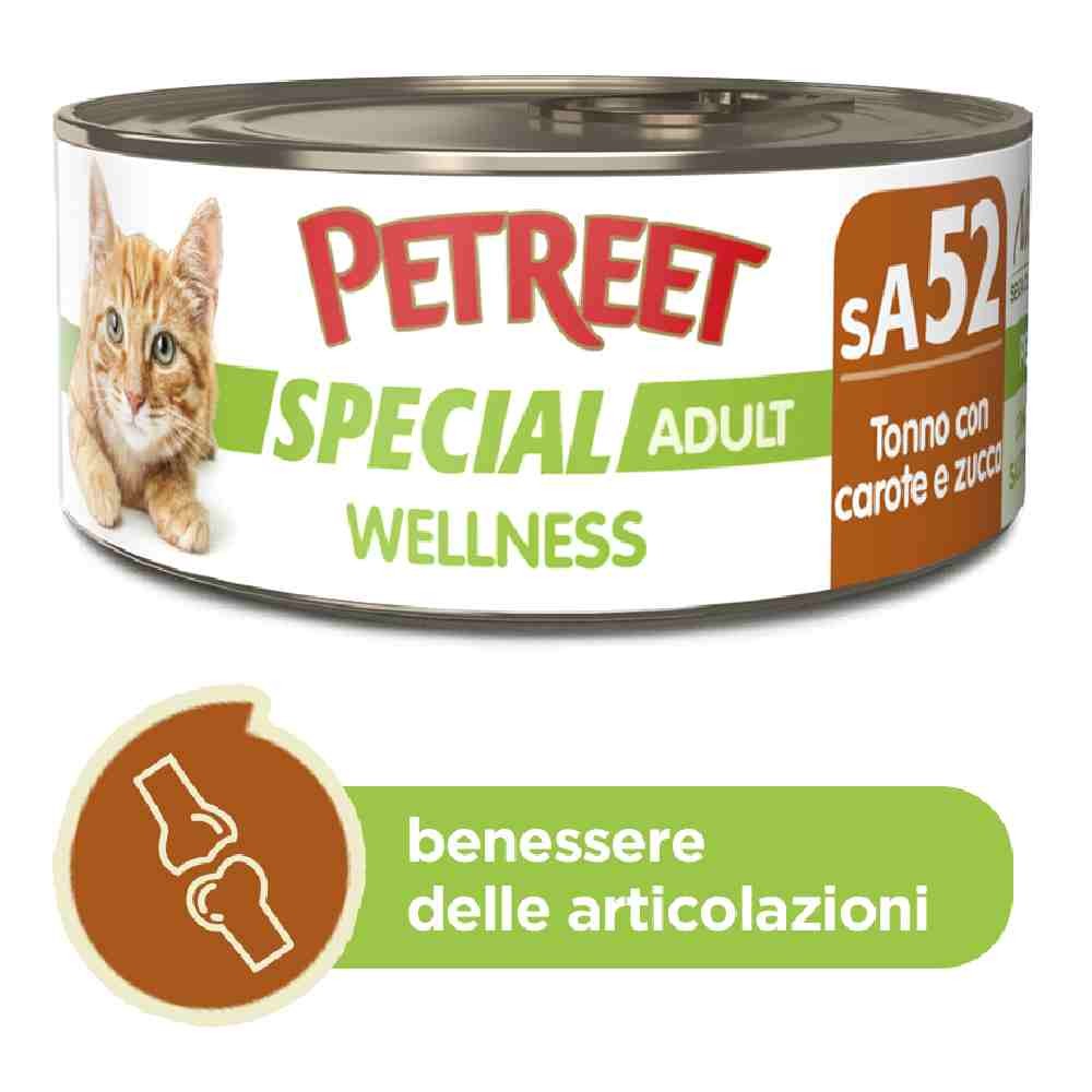 ALIMENTO UMIDO LINEA WELLNESS PER GATTO ADULTO CON TONNO, CAROTE E ZUCCA 70 GR - PETREET