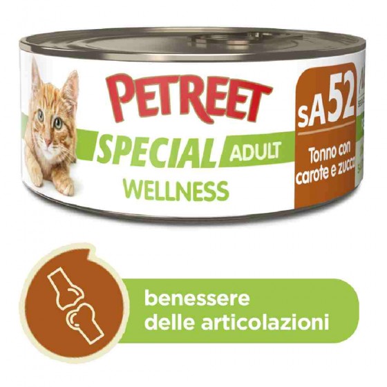 ALIMENTO UMIDO LINEA WELLNESS PER GATTO ADULTO CON TONNO, CAROTE E ZUCCA 70 GR - PETREET