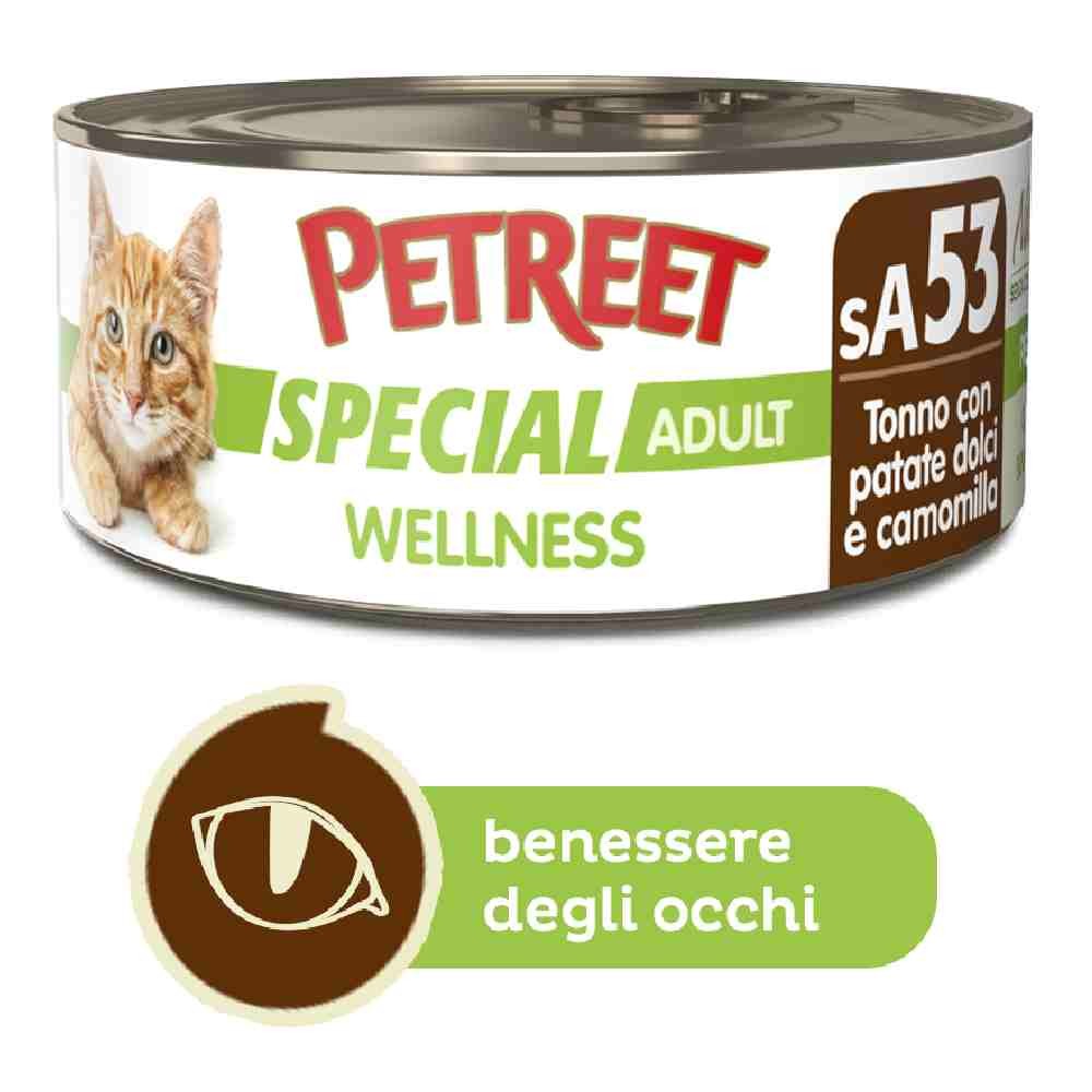 ALIMENTO UMIDO LINEA WELLNESS PER GATTO ADULTO CON TONNO, PATATE DOLCI  E CAMOMILLA 70 GR - PETREET