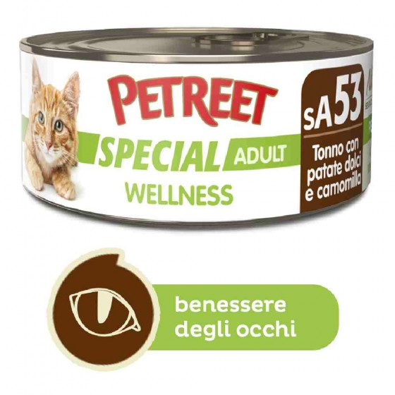 ALIMENTO UMIDO LINEA WELLNESS PER GATTO ADULTO CON TONNO, PATATE DOLCI  E CAMOMILLA 70 GR - PETREET