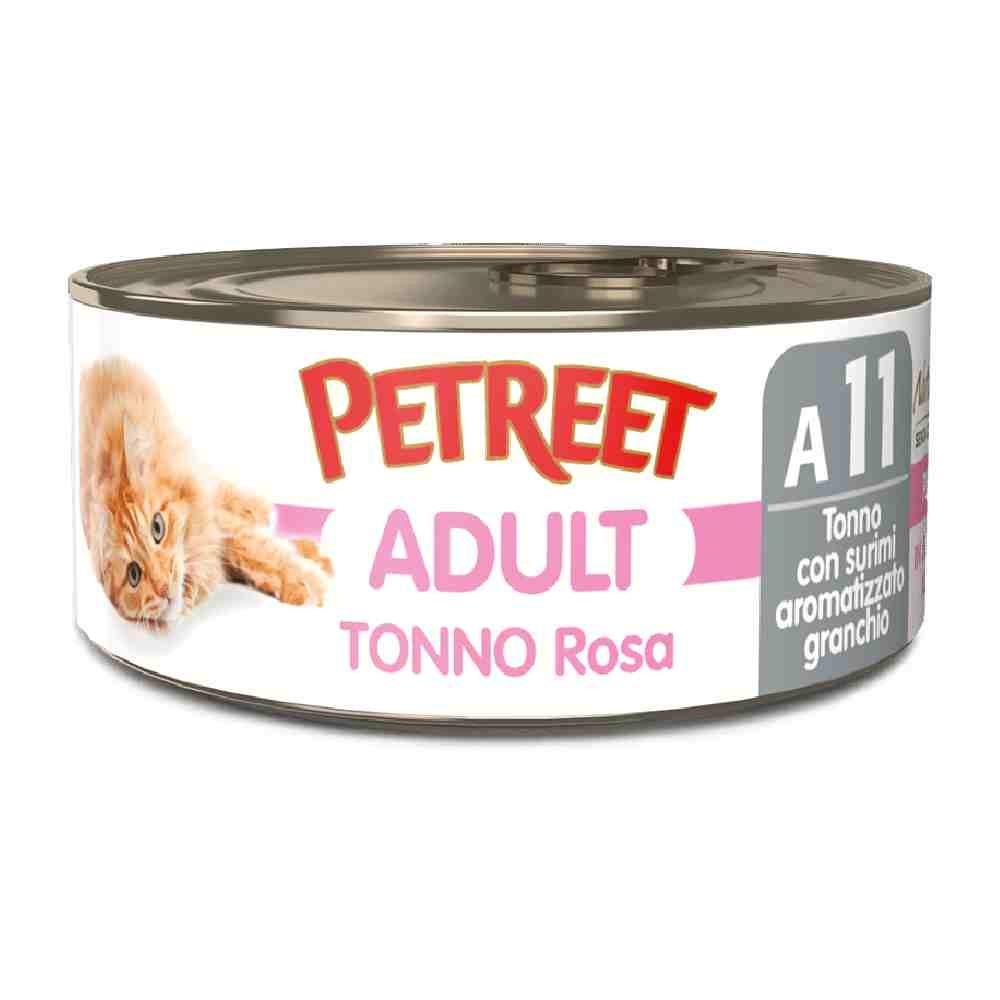 ALIMENTO UMIDO PER GATTO ADULTO CON TONNO ROSA E SURIMI AROMATIZZATI AL GRANCHIO 70 GR - PETREET