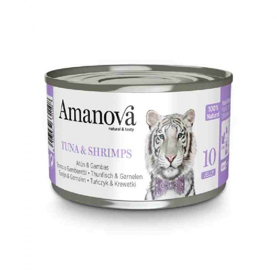 ALIMENTO UMIDO GATTO 100% NATURALE 10 CON TONNO E GAMBERI IN GELATINA 70 GR - AMANOVA