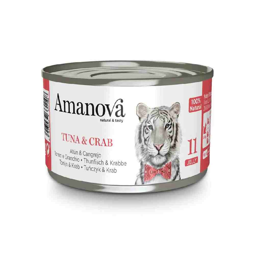 ALIMENTO UMIDO GATTO 100% NATURALE 11 CON TONNO E GRANCHIO IN GELATINA 70 GR - AMANOVA