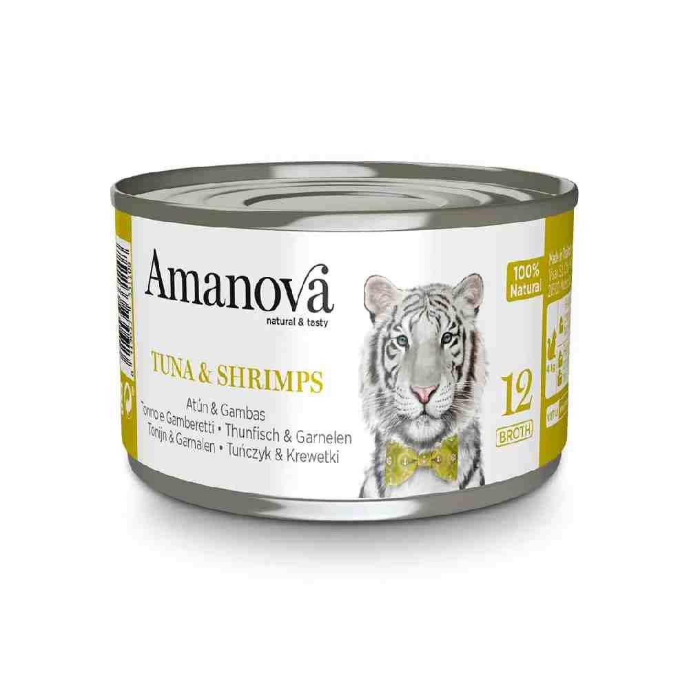 ALIMENTO UMIDO GATTO 100% NATURALE 12 CON TONNO E GAMBERI IN BRODO 70 GR - AMANOVA