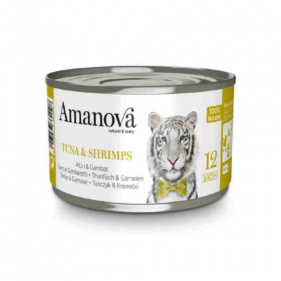 ALIMENTO UMIDO GATTO 100% NATURALE 12 CON TONNO E GAMBERI IN BRODO 70 GR - AMANOVA