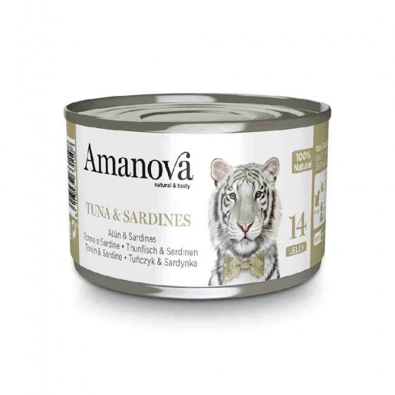 ALIMENTO UMIDO GATTO 100% NATURALE 14 CON TONNO E SARDINE IN GELATINA 70 GR - AMANOVA