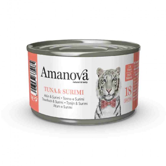 ALIMENTO UMIDO GATTO 100% NATURALE 18 CON TONNO E SURIMI IN BRODO 70 GR - AMANOVA