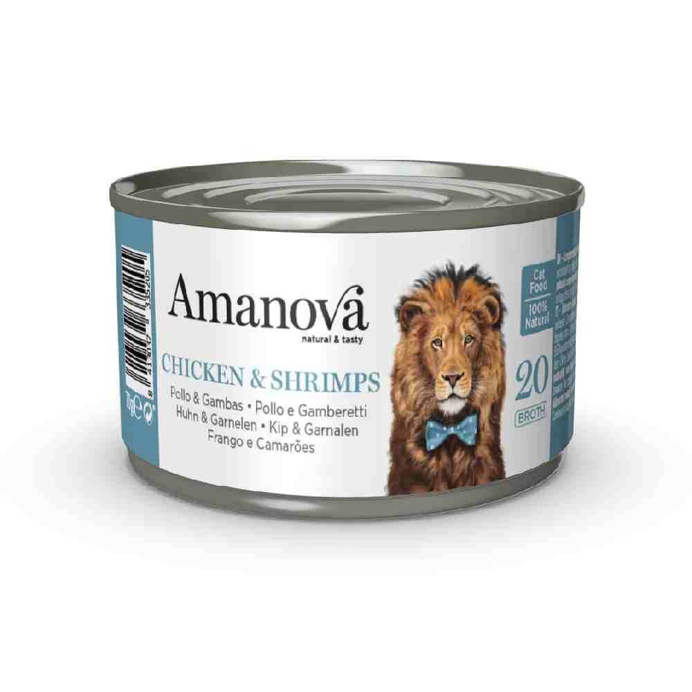 ALIMENTO UMIDO GATTO 100% NATURALE 20 CON POLLO E GAMBERI IN BRODO 70 GR - AMANOVA
