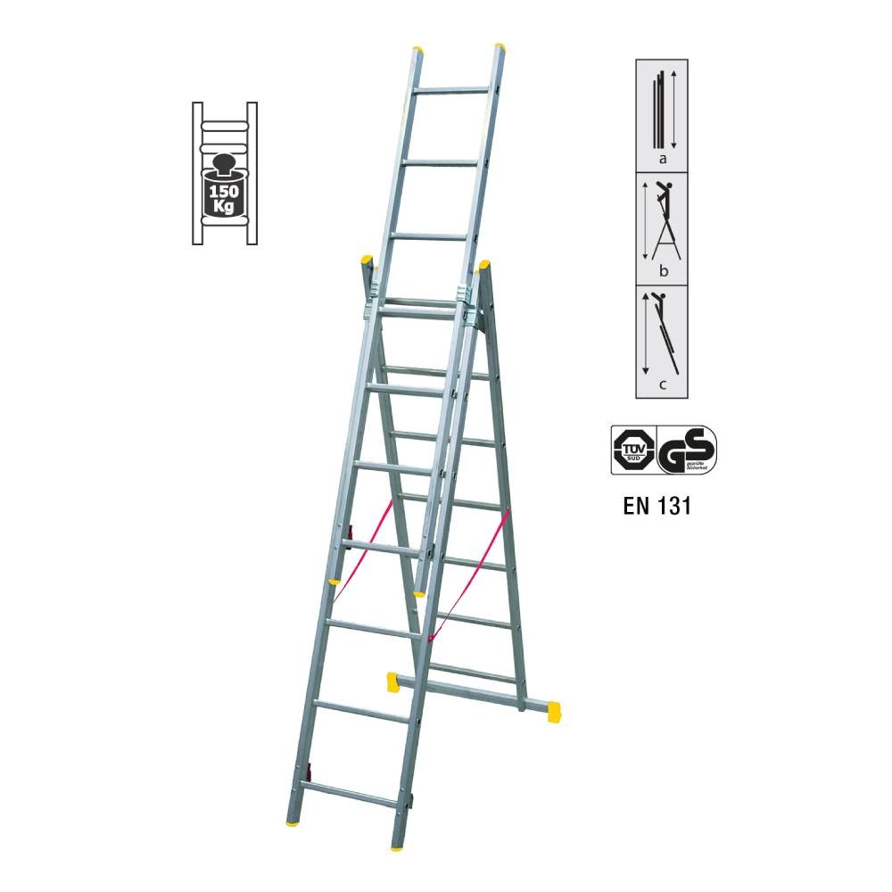 SCALA TRASFORMABILE TRIPLA IN ALLUMINIO 3 X 9 GRADINI - MAURER