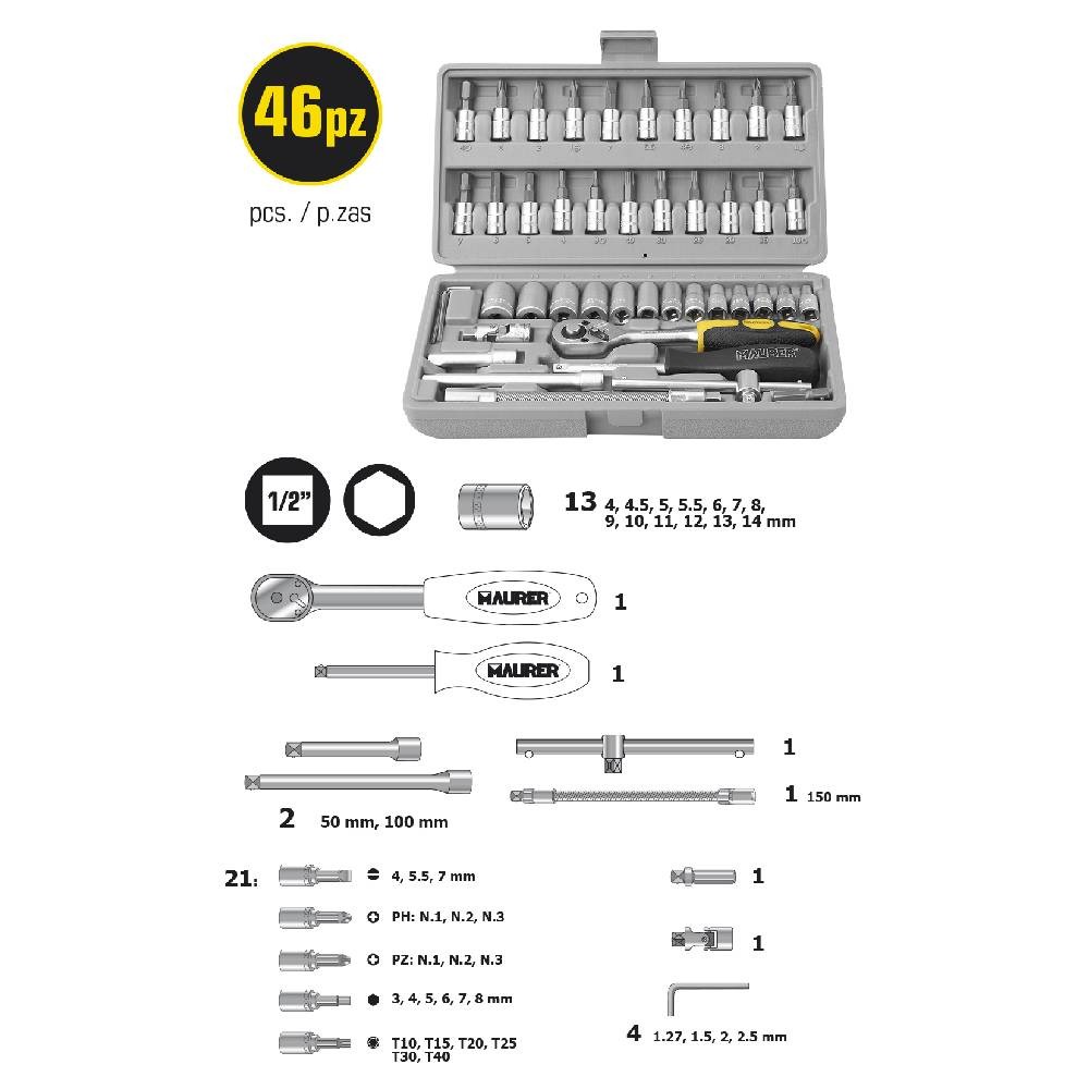 SET CHIAVI A BUSSOLA E BITS IN CROMO VANADIO 46PZ CONF. VALIGETTA - MAURER SET CHIAVI A BUSSOLA E BITS IN CROMO VANADIO 46PZ CONF. VALIGETTA - MAURER