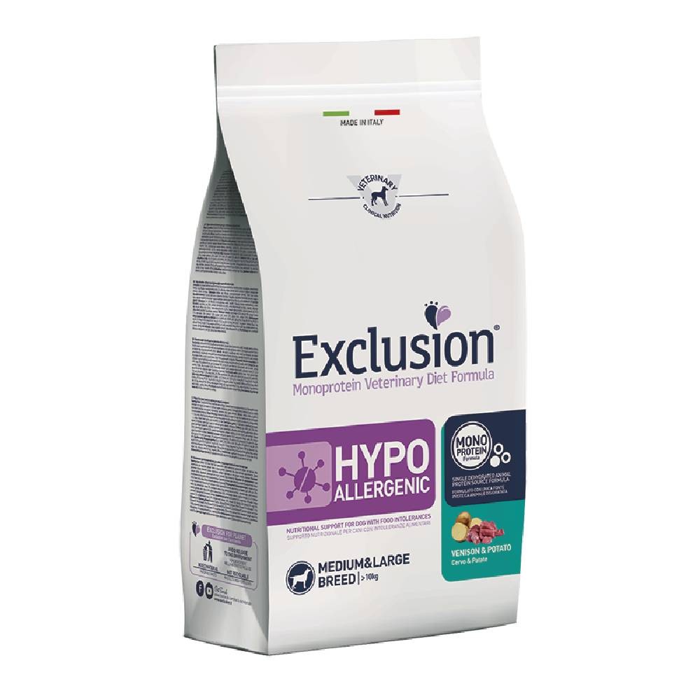 EXCLUSION HYPOALLERGENIC VETERINARY DIET MEDIUM ADULT CROCCHETTE MAIALE E PISELLI 12 KG