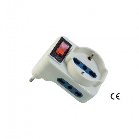 ADATTATORE TRIPLO SALVASPAZIO CON INTERRUTTORE - SPINA 2P+T 10A - DUE PRESE 2P+T 16A BIPASSO + SCHUKO - MAURER